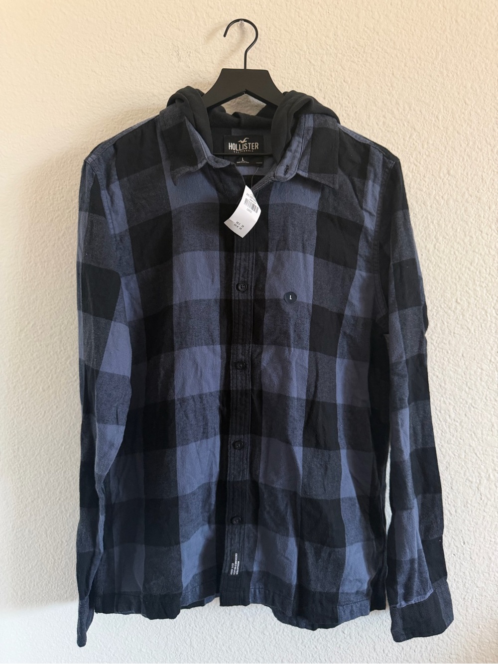 hollister black & blue plaid hooded flannel